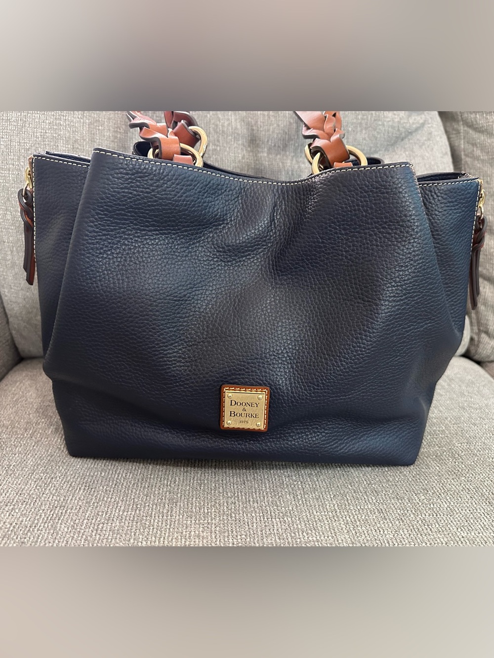 Dooney & Bourke Navy Pebbled Leather Shoulder Tote with Tan Braided Handles